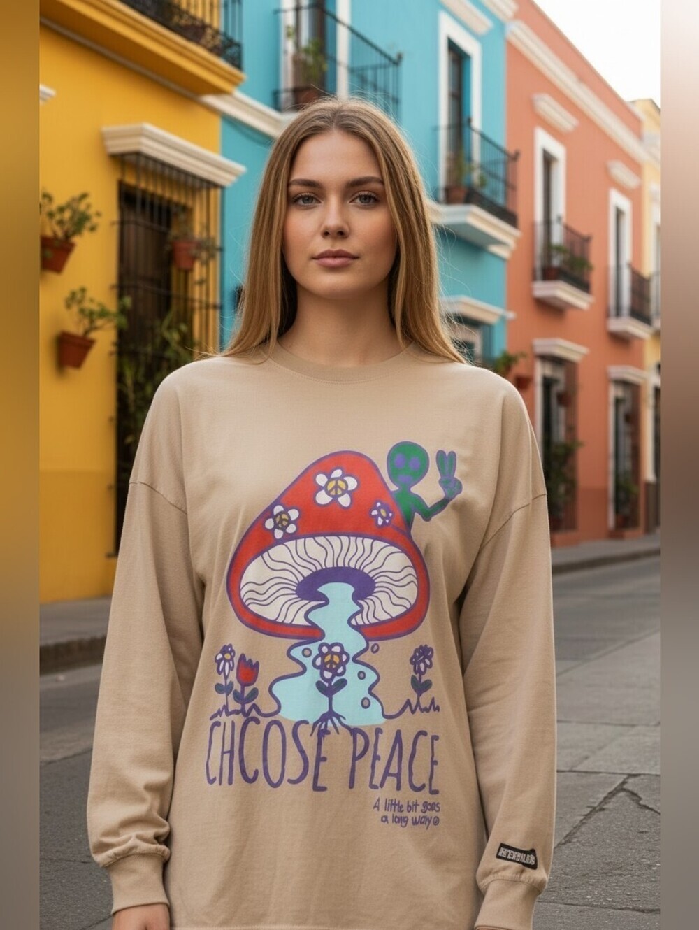 Vtg Petals Womens Large Mushroom And Alien Long Sleeve Shirt Choose Peace
